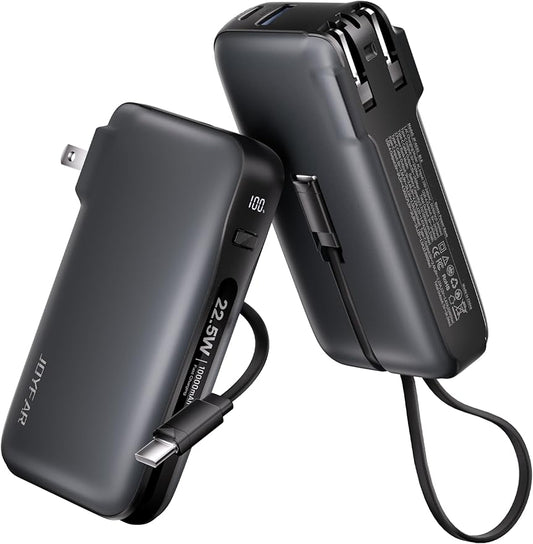 JOYFAR 22.5W Portable Charger with Built-in USB-C Cable & Wall Plug, 10,000mAh Fast Charging USB C Power Bank, Travel Esse...