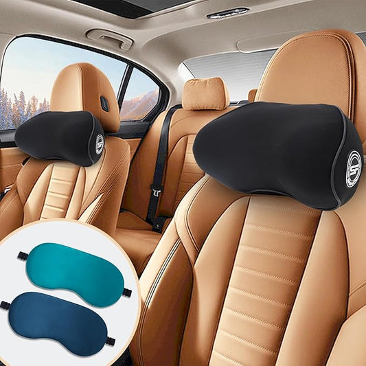 2 Pack - Car Headrest Pillow for Neck Support, 100% Memory Foam Car Neck Pillow with Sleep Mask - Universal Fit Head Rest ...