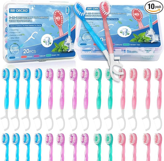 40Pack Mini Disposable Toothbrushes with Toothpaste Tongue Scraper Floss Pick 5-in-1 Single Use Portable Travel Toothbrush...