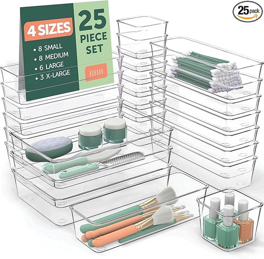 25 PCS Clear Plastic Drawer Organizers Set, 4 Sizes Clear Drawer Organizers & storage Bins for Makeup/Jewelry Vanity, Kitc...