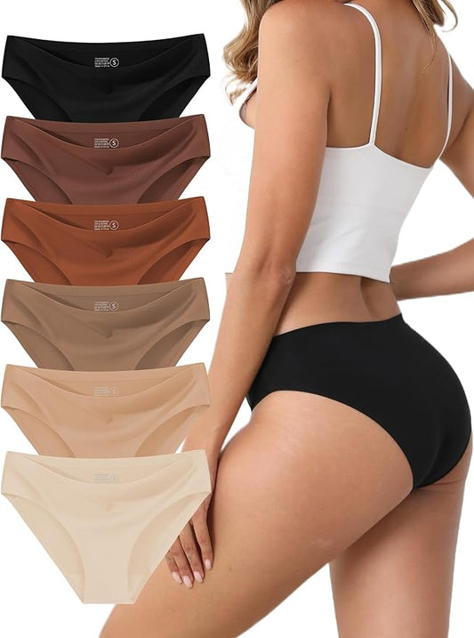 WAYIQE Women's Seamless Underwear 6-Pack, Like a Second Skin, No Show No Feel, Mid/Low Rise Bikini for Everyday Comfort