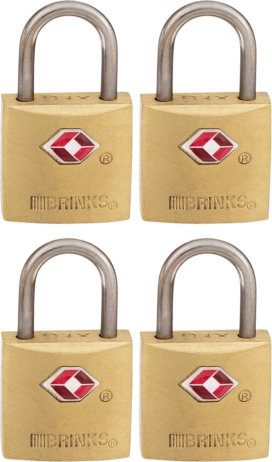 BRINKS TSA Approved Padlock, 22mm Solid Brass, Chrome-Plated with Hardened Steel Shackle, TSA Locks for Luggage, 4-Pack