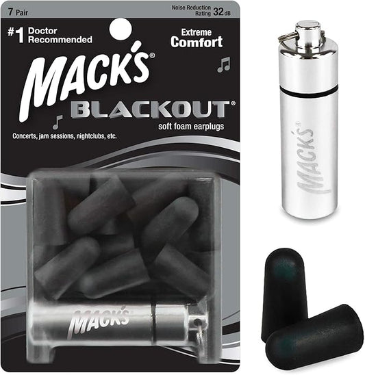 Mack's Blackout Soft Foam Earplugs, 7 Pair with Travel Case - 32 dB Highest NRR, Comfortable Ear Plugs for Concerts, Jam S...