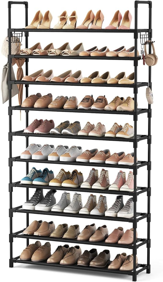 VTRIN 10 Tier Shoe Rack Tall Large Capacity 50 Pair Wide Shoe Organizer with Two Hooks Sturdy Metal Shoe Shelf for Entrywa...