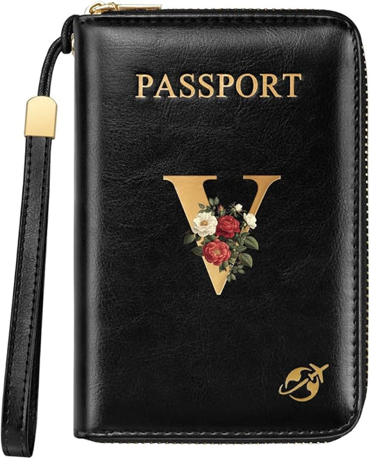 Passport Holder for Travel Wallet Women Zipper Wallets Personalized Passport Holder Cover Initial Letter Rose Flower Passp...