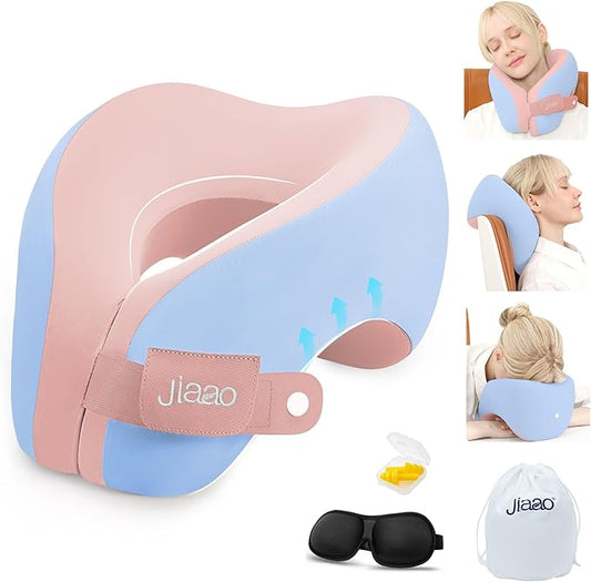 jiaao Neck Pillow Airplane, Memory Foam Travel Neck Pillows for Long Flight, 3D Eye Masks, Ear Plugs and Portable Drawstri...