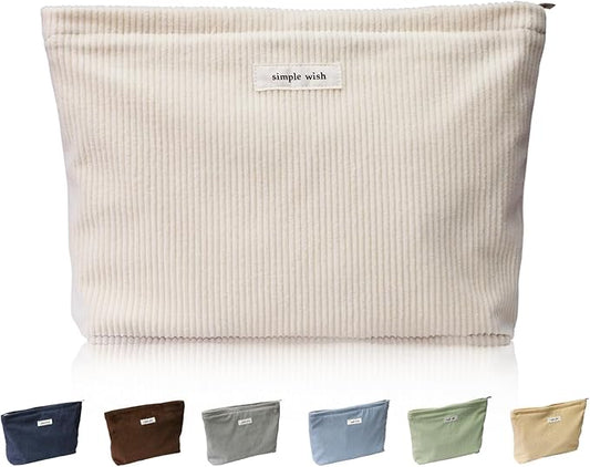 Wudygirl Travel Makeup Bag,Large Capacity Cosmetic Bag for Women,Corduroy Toiletry bag Handbags Purses Zipper pouch(Beige)