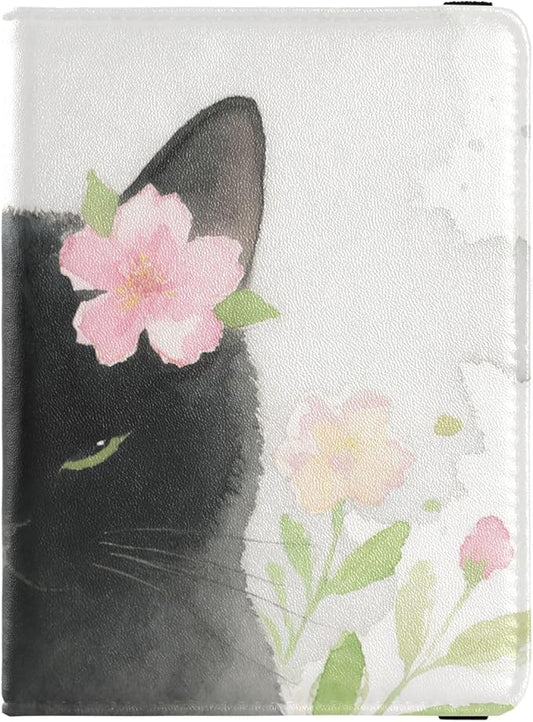 Black Cat with Flower Leather Passport and Vaccine Card Wallet Combo Travel Passport Wallet With Vaccination Card Slot Pas...
