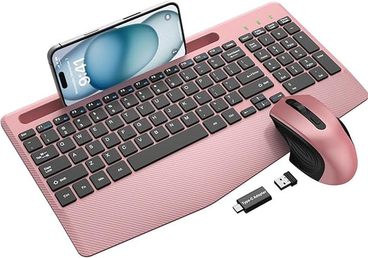 Wireless Keyboard and Mouse Combo, Ergonomic Keyboard with Wrist Rest, Phone Holder, Sleep Mode, 2.4G Lag-Free Rechargeabl...