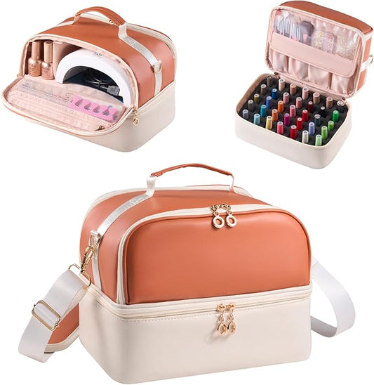 Nail Polish Organizer Holds 35 Bottles & Nail Lamp, Nail Organizers and Storage, Double Layer Nail Bag with Handle & Shoul...