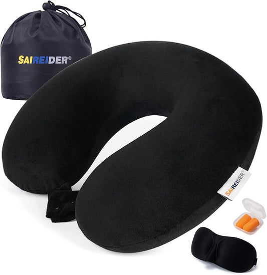 SAIREIDER Neck Pillows for Travel 100% Memory Foam Adjustable Travel Pillows with Storage Bag, Sleep Mask and Earplugs-Pre...