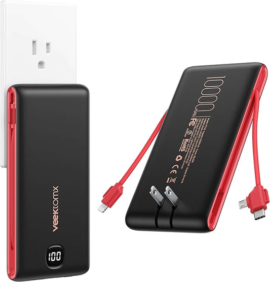 VEEKTOMX Portable Charger with Built in Cables 10000mAh, Power Bank for iPhone with AC Wall Plug, Fast Charging USB C Slim...