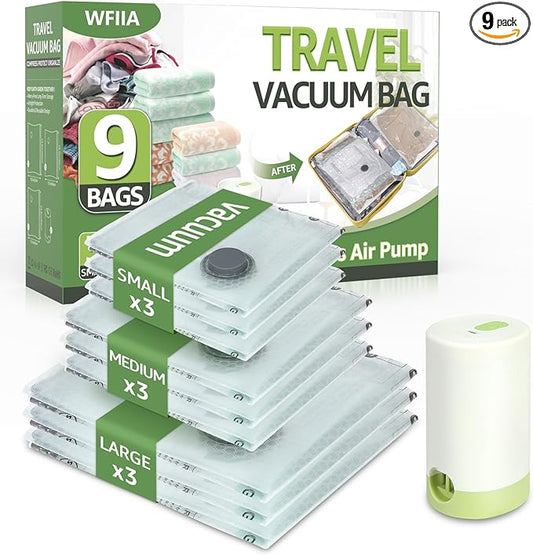 Vacuum Bags for Travel with Rechargeable air Pump, 9 Packs of 3 Sizes Vacuum Seal Bags for Clothing (9 Combo Set)