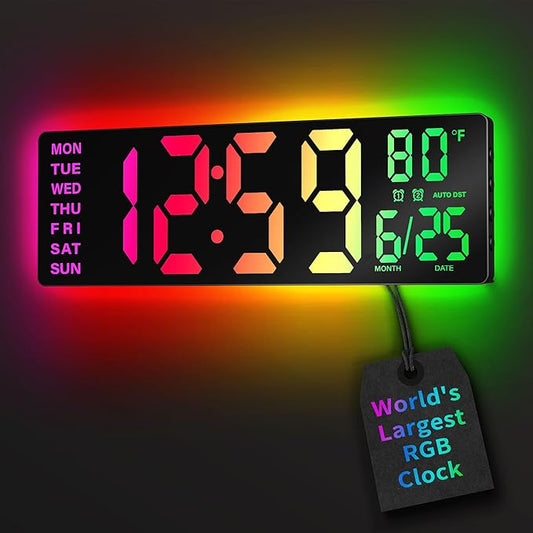 EASYERA 16.5" Large Digital Wall Clock with BT Sync, RGB Lights with 11 Scenes Mode Remote Control, Dual Alarms with Big L...