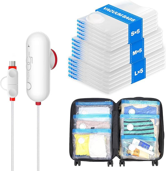 VMstr 15 Pack Travel Vacuum Storage Bags with USB Pump, Vacuum Packing Seal for Luggage and Suitcase, Space Saver for Clot...