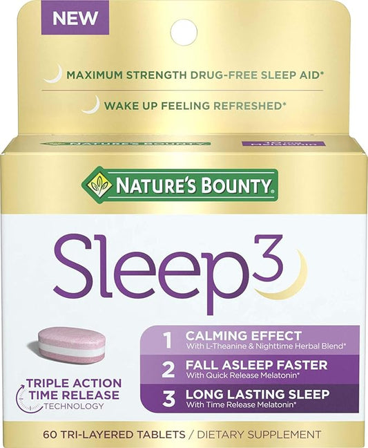 Nature’s Bounty Sleep3 Melatonin 10mg, Maximum Strength 100% Drug Free Sleep Aid, Dietary Supplement, L-Theanine & Nightti...