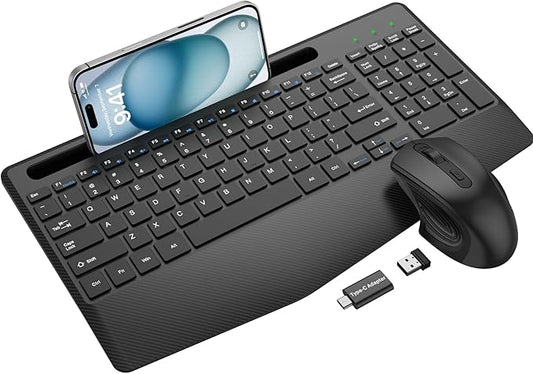Wireless Keyboard and Mouse Combo, Ergonomic Keyboard with Wrist Rest, Phone Holder, Sleep Mode, 2.4G Lag-Free Rechargeabl...
