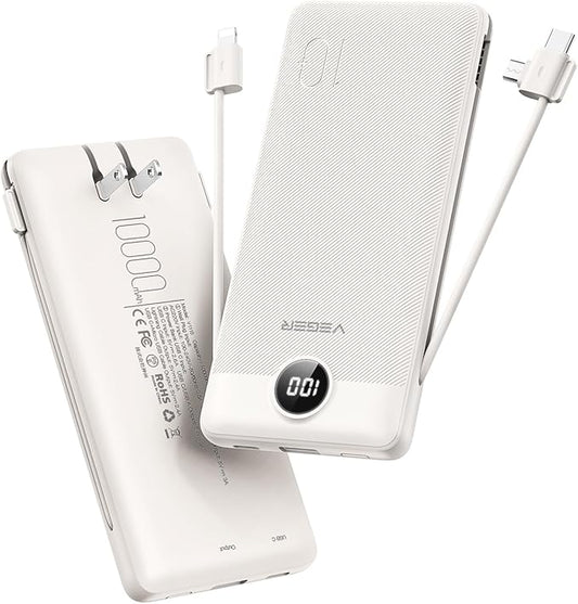 VEGER Portable Charger with Built-in AC Plug and Cables, All in One 10000mAh Ultra Slim Power Bank Travel Essentials, 15W ...