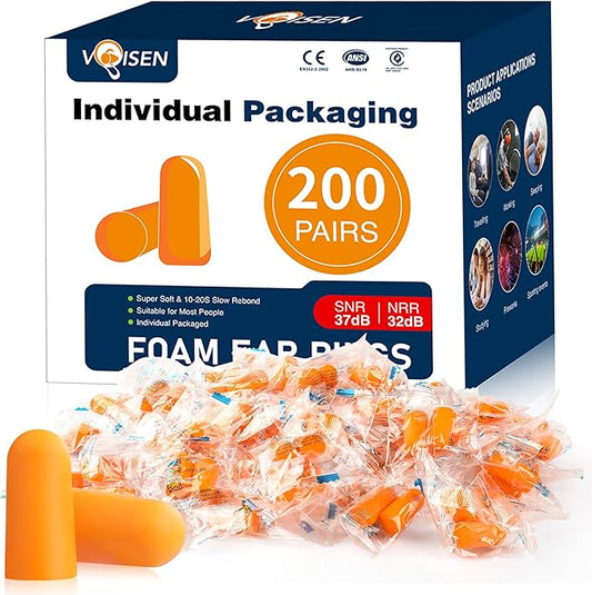 VOISEN Foam Ear Plugs,200 Pairs EarPlugs for Sleeping,32dB NRR 37dB SNR Ear Plug Noise Cancelling for Snoring, Studying,Tr...
