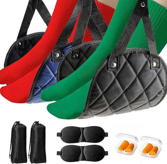 Premium 2-Pack Airplane Foot Hammock with 2 Eye Masks & 2 Earplugs Set - Adjustable Length Foot Rest for Comfortable Plane...