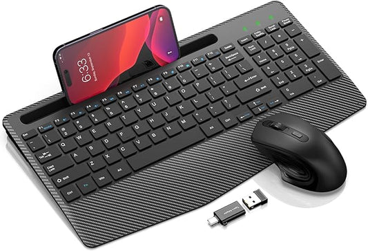 Wireless Keyboard and Mouse Combo, Ergonomic Keyboard with Wrist Rest, Phone Holder, Sleep Mode, 2.4G Lag-Free Rechargeabl...