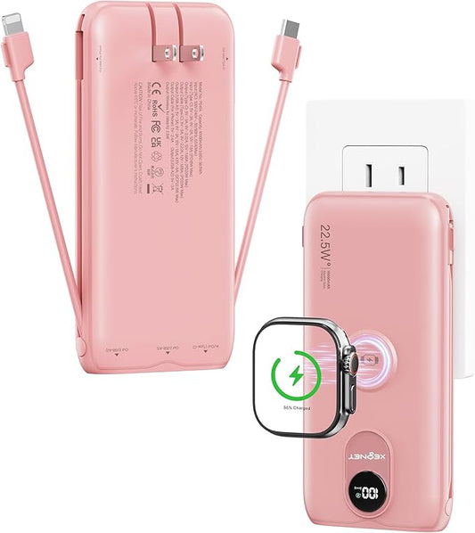 Portable Charger, 10000mAh 22.5W Fast Charging Power Bank with Built in Cable & Wall Plug, Travel Essential Battery Pack w...