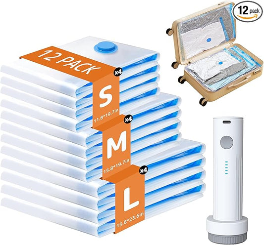 12 Pack Vacuum Bags for Travel with Rechargeable Air Pump, Carry-On Compression Bags for Luggage and Suitcase, Space Saver...