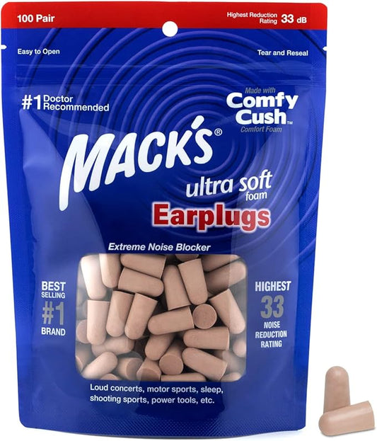 Mack's Ultra Soft Foam Earplugs, 100 Pair Bag - 33dB Highest NRR, Comfortable Ear Plugs for Sleeping, Snoring, Travel, Con...
