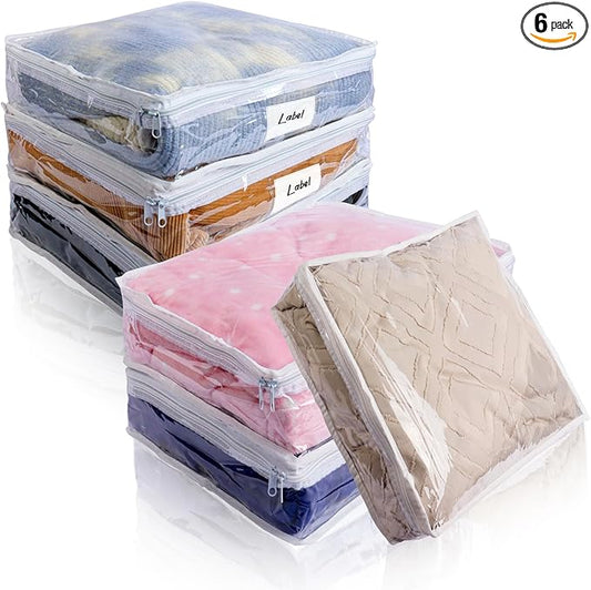 Clear Zippered Storage Bags Plastic Sweater Storage Bags with Zipper 6 Packs Clothing Organizer for Blankets Linen Sweater...