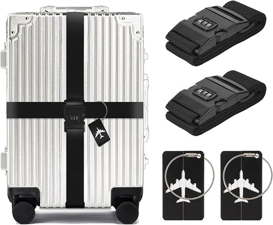 BILIONE 2 Pack Luggage Straps for Suitcases with Password Lock & Metal Tags, Adjustable Suitcase Belt & Travel Belt, Secur...