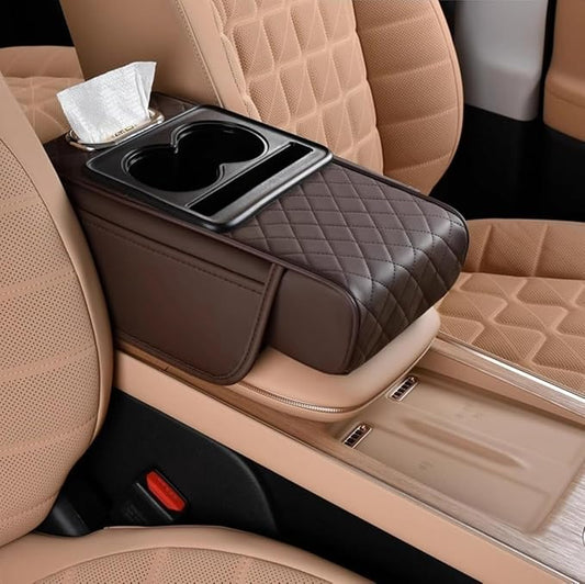 Multifunctional PU Leather Car Armrest Box Mat, 2026 New 5-in-1 Center Console Organizer with 2 Storage Bags Cup Holder, T...