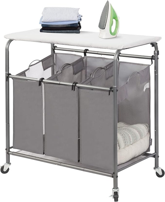 STORAGE MANIAC 3-Section Laundry Sorter with Foldable Ironing Board, Heavy-Duty Rolling Laundry Cart with and Removable Ba...
