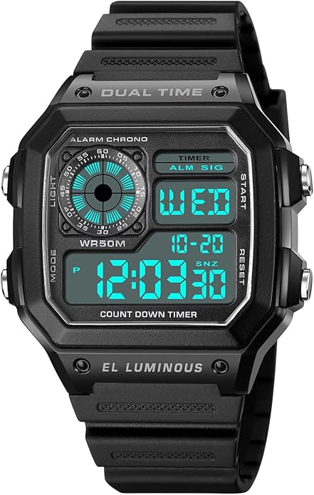 PASOY Men's Digital Multi-Function Watches Dual Time Alarm Stopwatch Countdown Backlight Waterproof Watch
