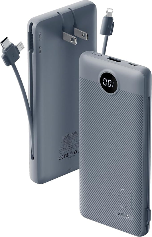 VRURC Portable Charger Built-in Cables and AC Wall Plug, USB C Power Bank 10000mAh, Travel Battery Portable Phone Charger ...