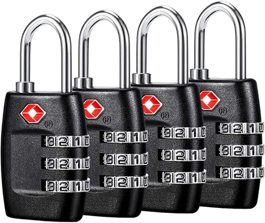 TSA Luggage Locks (4Pack) - 3 Digit Combination Padlocks - Approved Travel Lock for Suitcases & Baggage (Black)
