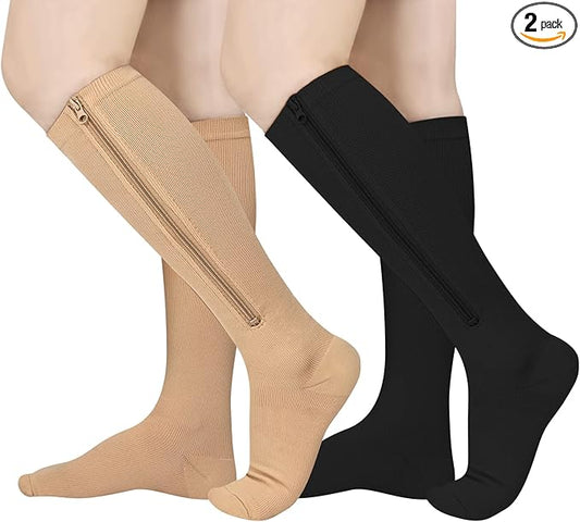 Athbavib 2 Pairs Zipper Compression Socks, 15-20 mmHg Closed Toe Compression Stocking with Zipper for Women and Men
