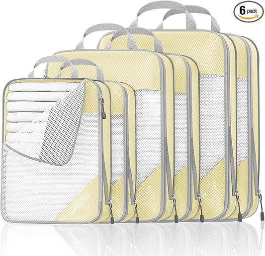 Compression Packing Cubes 6 Set, Compressible Space-Saving Packing Cubes for Travel - Compression Bags, Luggage Organizer,...