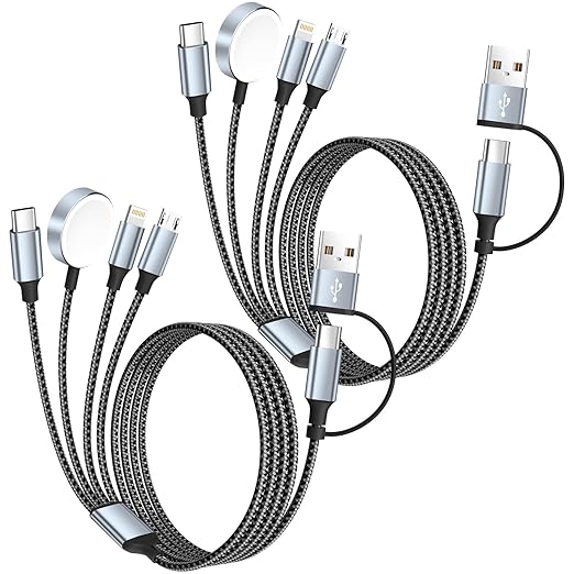 Travel Essentials 4 in 2 Multi Charging Cable for iWatch Charger(2Pack 5FT),USB A/USB C Multiple Charger Cable/Cord for Al...