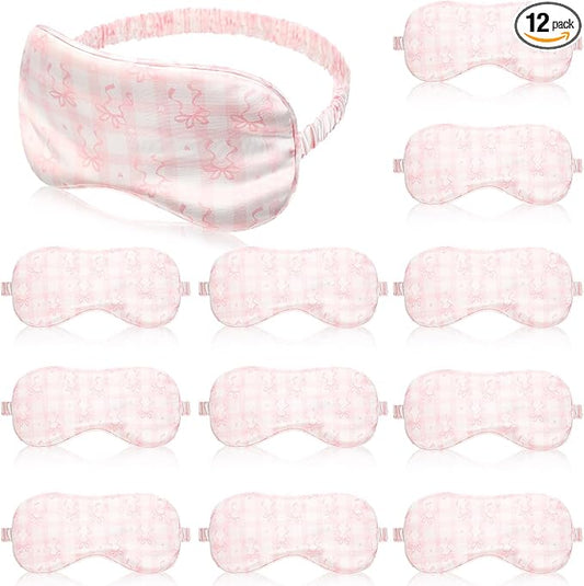 Honeydak 12 Pcs Silk Sleep Masks for Women Girls Pink Bow Party Favors Adjustable Eye Masks for Birthday Sleepover Spa Swe...