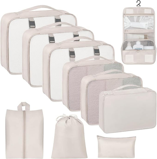 10 Set Packing Cubes for Travel, Travel Packing Cubes with Hanging Toiletry Bag and Shoe Bag, Suitcase Luggage Organizer B...