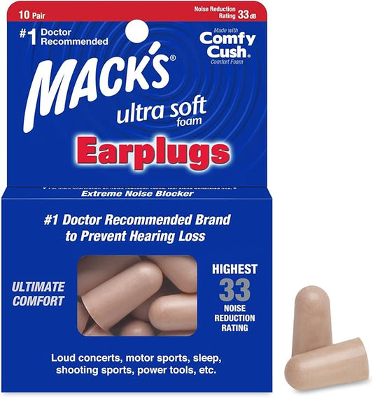 Mack's Ultra Soft Foam Earplugs, 10 Pair - 33dB Highest NRR, Comfortable Ear Plugs for Sleeping, Snoring, Work, Travel and...