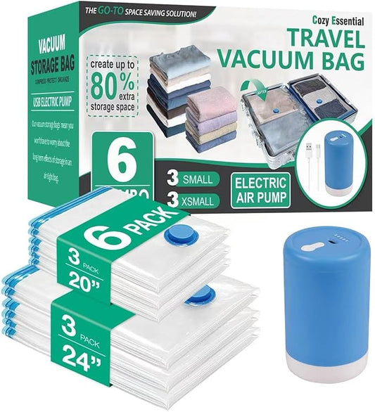 Cozy Essential 6 Pack Travel Vacuum Storage Bags with Rechargeable Wireless Electric Pump for Luggage, Suitcase, Carry-on ...