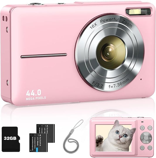 Digital Camera, FHD 1080P Point and Shoot Kids Camera, with 32GB Card, 2 Batteries, 16X Zoom Anti Shake Date Stamp, Compac...