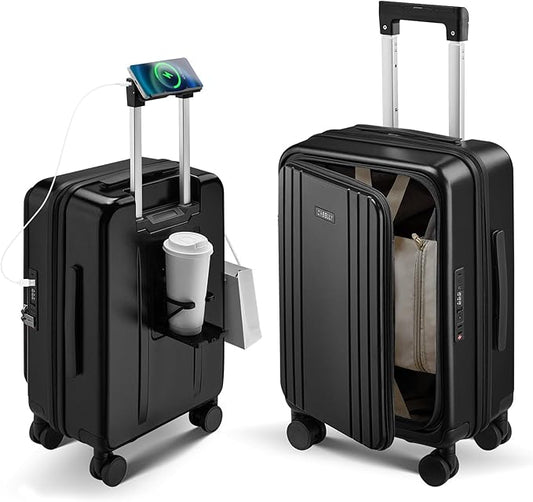 CASELLY Top Opening Carry On Luggage with Cup Holder & Phone Holder, Expandable PC Hard Shell Suitcase, USB Charging Port,...