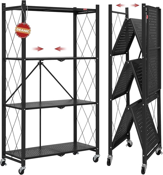 DEANIC 4 Tier Foldable Storage Shelves with Wheels, Large Capacity Shelving Unit, Freestanding Metal Wire Shelf Rack, No A...