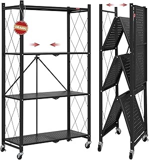 DEANIC 4 Tier Foldable Storage Shelves with Wheels, Large Capacity Shelving Unit, Freestanding Metal Wire Shelf Rack, No A...