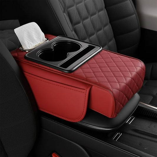 Multifunctional PU Leather Car Armrest Box Mat, 5-in-1 Car Center Console Cover with Cup Holder, with 2 Storage Bags Cup H...