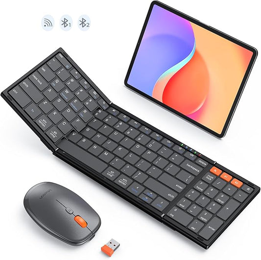 MEETION Foldable Keyboard and Mouse, Folding Portable Wireless Keyboard Mouse, Full Size Rechargeable 2.4G+Dual Bluetooth ...