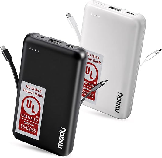 Miady 2-Pack Small Portable Charger UL Listed, 5000mAh Slim Power Bank Built-in 2 Cables Lightweight Travel Battery Pack 3...