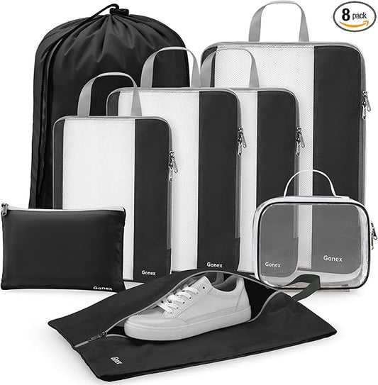 Gonex Expandable Mesh Packing Cubes - 8 Set Compression Organizer for Travel Essentials with Toiletry, Laundry, Shoe & Cab...
